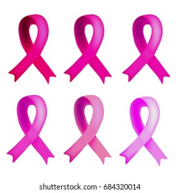 A set of six shades of pink ribbons. World Breast Cancer Day. Infographics. Vector illustration on isolated background.