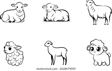 Conjunto de seis borregos de ovelha ilustração de arte de linha para livros de colorir