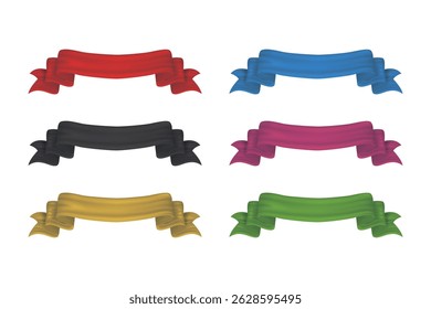 Set of six shiny banners in vibrant colors with smooth curves, suitable for elegant or festive designs.