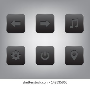 Set of six shiny black buttons / icons for websites (UI) or applications (app) for smartphones or tablets. Plastic and glossy style