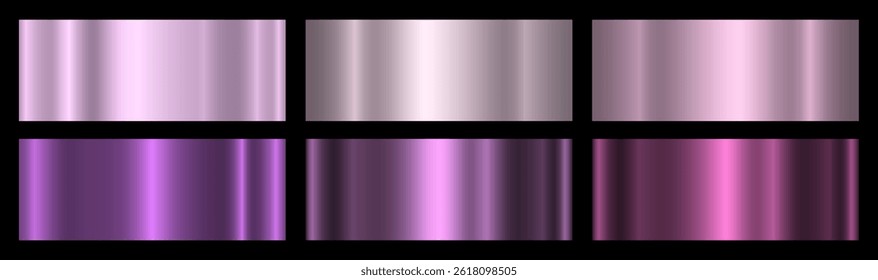 A set of six shiny metallic gradients on a black background. A collection of purple and magenta metallic gradients. The texture of the foil. Vector EPS 10.