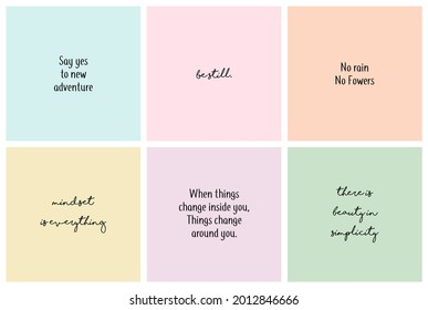 Set of six short motivational quotes with handwritten typography and pastel colors background.