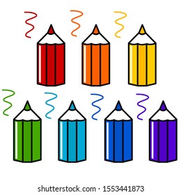 Set of six short thick colorful pencils in cartoon style in all rainbow colors, clip-art on a white isolated background