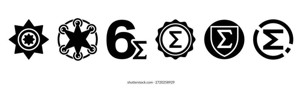 Satz von sechs Sigma-Badge-Vektorsymbolen einzeln auf weißem Hintergrund. Vektorgrafik. Schwarzes flaches Design