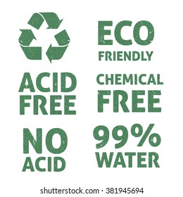 Set Of Six Sign Icons, Eco Friendly, Recycle, Acid Free, Chemical Free, No Acid, 99%water Ecological Green Signs For Package Design, Health Care Products, Healthy Food,