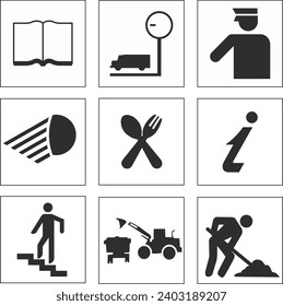 
Set of six signs, symbols for various road signs. Black and white icons in square
