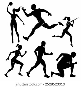 A set of six silhouette illustrations of athletes in various poses, showcasing different sports and athletic movements, perfect for projects related to fitness, sports, and health.