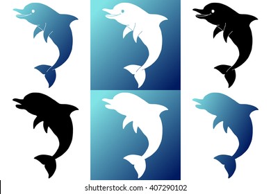 Set six silhouette logo jumping dolphin (white, black and blue). Vector illustration.