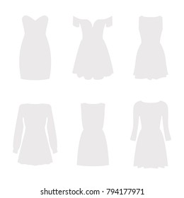 Set of six silhouettes of dresses. Vector dresses are light beige color.