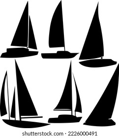 A set of six silhouettes of sailing yachts. Vector illustration.