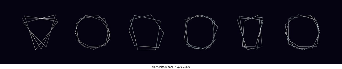 Satz von sechs silbernen geometrischen polygonalen Rahmen mit leuchtenden Effekten einzeln auf dunklem Hintergrund. Leere, leuchtende Art-Deco-Hintergrund. Vektorgrafik.