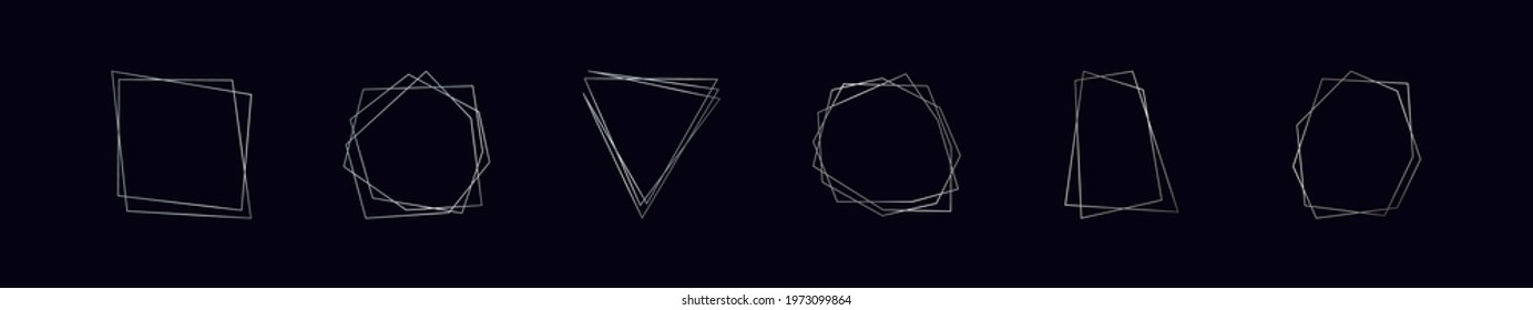 Set of six silver geometric polygonal frames with shining effects isolated on dark background. Empty glowing art deco backdrop. Vector illustration.