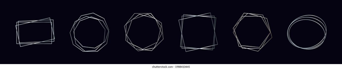 Set of six silver geometric polygonal frames with shining effects isolated on dark background. Empty glowing art deco backdrop. Vector illustration.