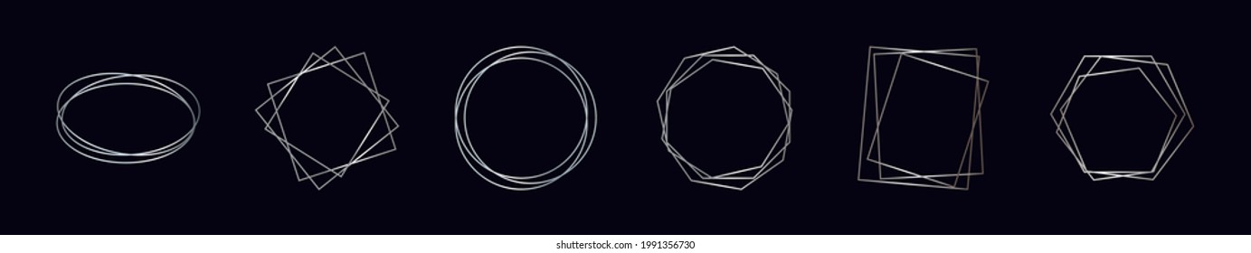 Set of six silver geometric polygonal frames with shining effects isolated on dark background. Empty glowing art deco backdrop. Vector illustration.