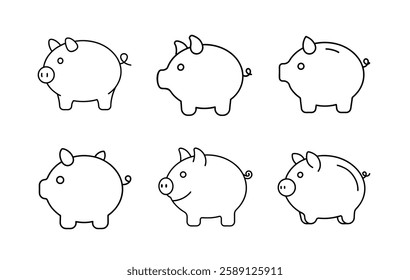  A set of six simple, black line art piggy bank icons, perfect for financial themes.