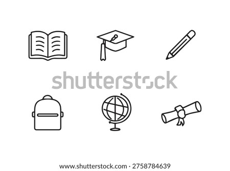 A set of six simple black line icons representing education. Includes a book, graduation cap, pencil, backpack, globe, and diploma. Isolated on white.