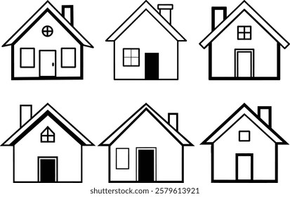 Set of six simple, black outline drawings of houses on a white background. EPS-10.	