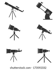 Set of six simple, black telescopes icons.