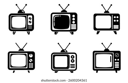A set of six simple, black and white icons representing vintage television sets.