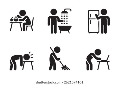 A set of six simple black and white icons depicting everyday human activities.