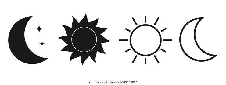 A set of six simple, black and white icons representing the day and night.