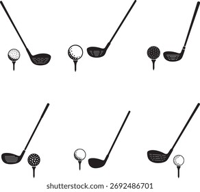 Set of six simple black and white illustrations of golf clubs and balls on tees, isolated on white.