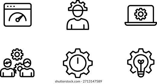 A set of six simple, black and white line art icons representing concepts of efficiency, productivity, and teamwork in a business or technical context.