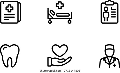 Un conjunto de seis iconos de líneas simples, en blanco y negro que representan varios aspectos de la salud y la medicina.