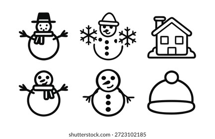 A set of six simple black and white illustrations featuring snowmen, a house, and a hat, perfect for winter-themed designs and projects.