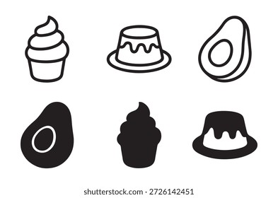 Un conjunto de seis simples iconos de comida en blanco y negro que incluyen postres y aguacate