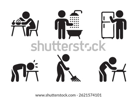 A set of six simple black and white icons depicting everyday human activities.
