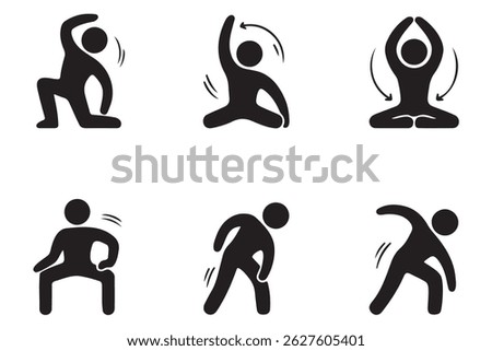 A set of six simple black and white icons depicting various stretching exercises.