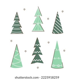 Set of six simple Christmas trees, flat style, for decoration, postcards, packages, websites, presentations