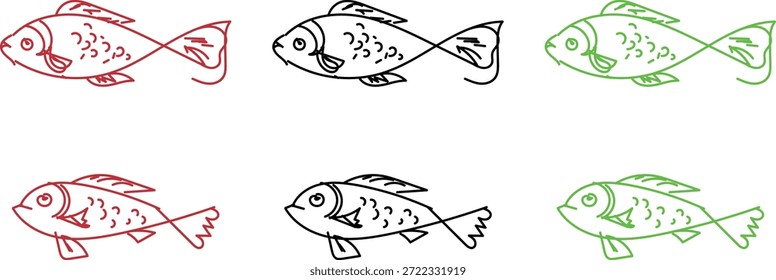 Um conjunto de seis ícones de peixes simples em vermelho, preto e verde, organizados em duas fileiras