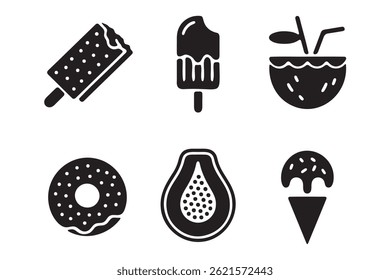 A set of six simple, flat, black-and-white icons depicting popular summer treats.