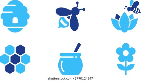 Set of six simple flat icons showing bee hive honeycomb bee flower and honey pot.