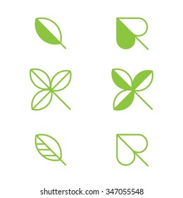 Set of six simple leaf symbols in green.