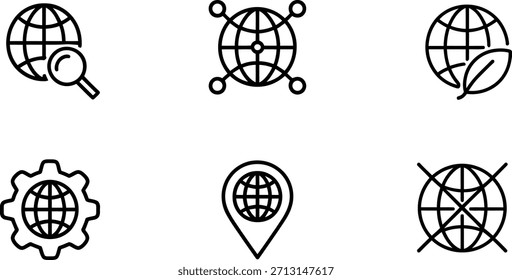 Conjunto de seis iconos de arte lineal simples que representan conceptos globales: búsqueda, red, naturaleza, Configuraciones, ubicación y conexión.