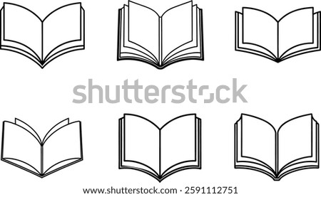  A set of six simple line art icons depicting open books.