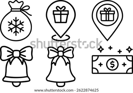 Set of six simple line art Christmas icons, including gift bags, presents, bells, and money, perfect for festive designs.
