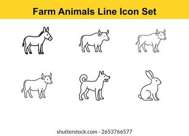 Um conjunto de seis ícones de linha simples representando animais comuns de fazenda, incluindo um burro, vaca, touro, cachorro e coelho.