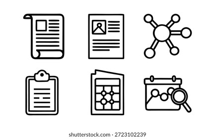 Eine Reihe von sechs einfachen Liniensymbolen, die verschiedene Büro- und Organisationstools darstellen, darunter Dokumente, eine Zwischenablage, einen Kalender und ein Netzwerkdiagramm, alle schwarz-weiß.