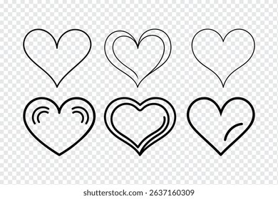 Set of six simple, minimalist line art heart icons. Perfect for websites, apps, or any design needing a touch of love.