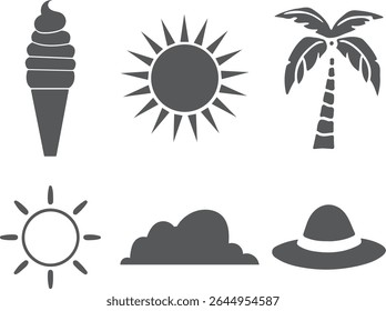 A set of six simple, monochrome icons depicting summer: ice cream, sun, palm tree, sun, cloud, and hat.  Perfect for websites, apps, or branding related to summer, vacation, or tropical themes.