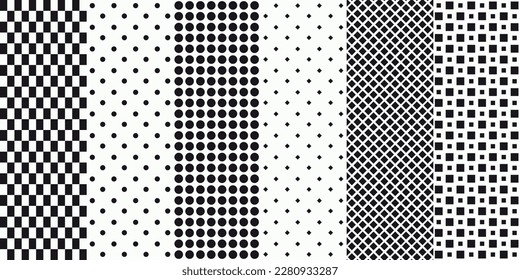 Set of six simple patterns. Set of polka dots, rhombuses, dots, grid. Vector printing for surface application can be seamless.