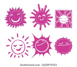 Set of Six Simple Pink Doodle Style Illustrations of Smiling Suns with Different Designs on a White Background