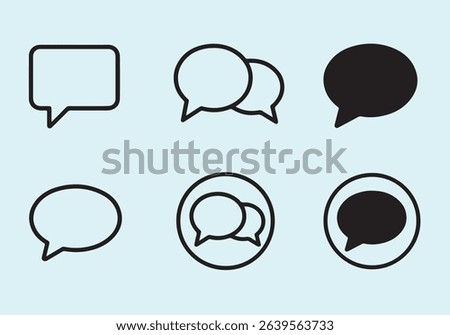 Set of six simple speech bubble icons; communication, dialogue, chat, message.