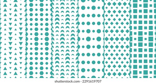 Set of six simple turquoise patterns. Set of triangles, circles, rhombuses, squares, hexagons. Vector print for surface application. Seamless set of repeating patterns.