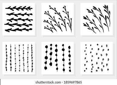 Set of six simple vector different patterns. Floral textures of stems and branches with leaves and berries and abstract backgrounds of hand-drawn dots, spots and lines