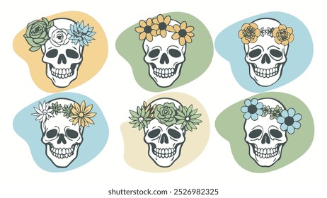 Set of six skulls in a boho style with floral crowns for bohemian-themed graphic design, digital art